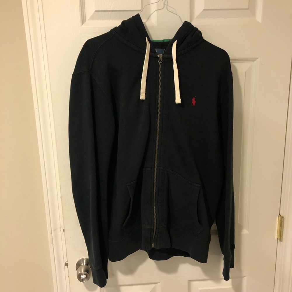 Black Polo Zip-Up Jacket w/ Green Plaid Hoodie (size Large)
